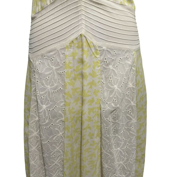 Anthropology Leifnotes Bird Print Midi Patchwork Eyelet Lemon White Dress Sz 0 - Picture 3 of 8